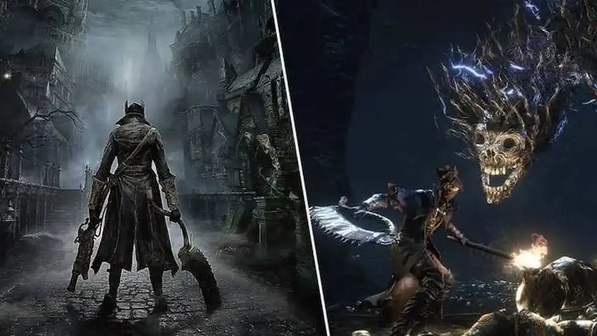 Bloodborne Cover Art and Hunter fighting a boss