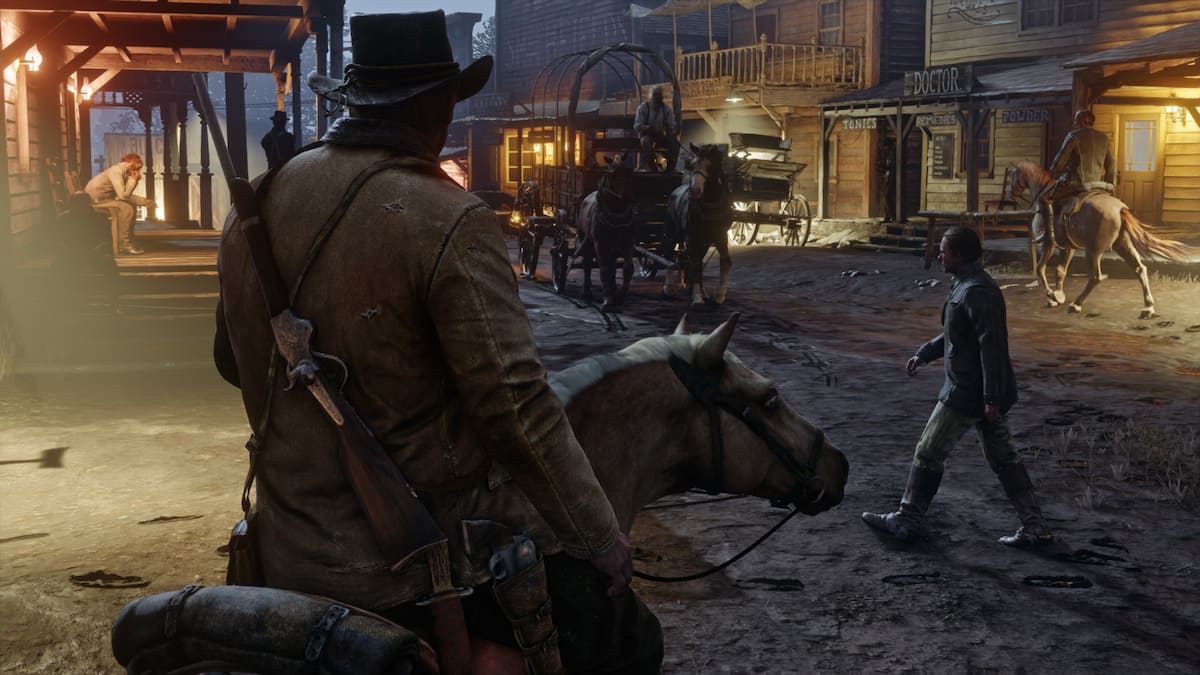 Arthur riding a horse in a city in Red Dead Redemption 2