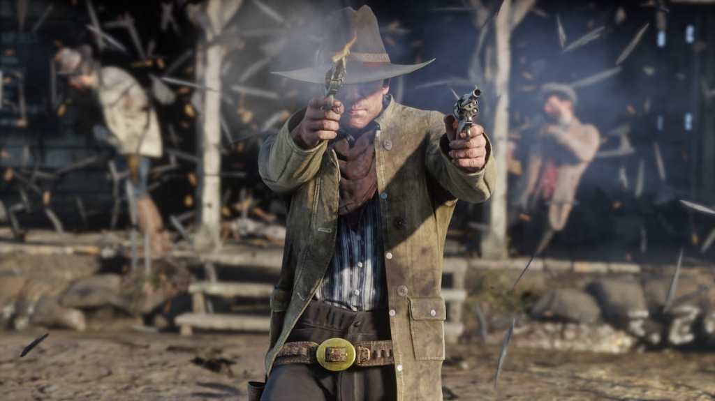 Arthur holding two guns and firing them