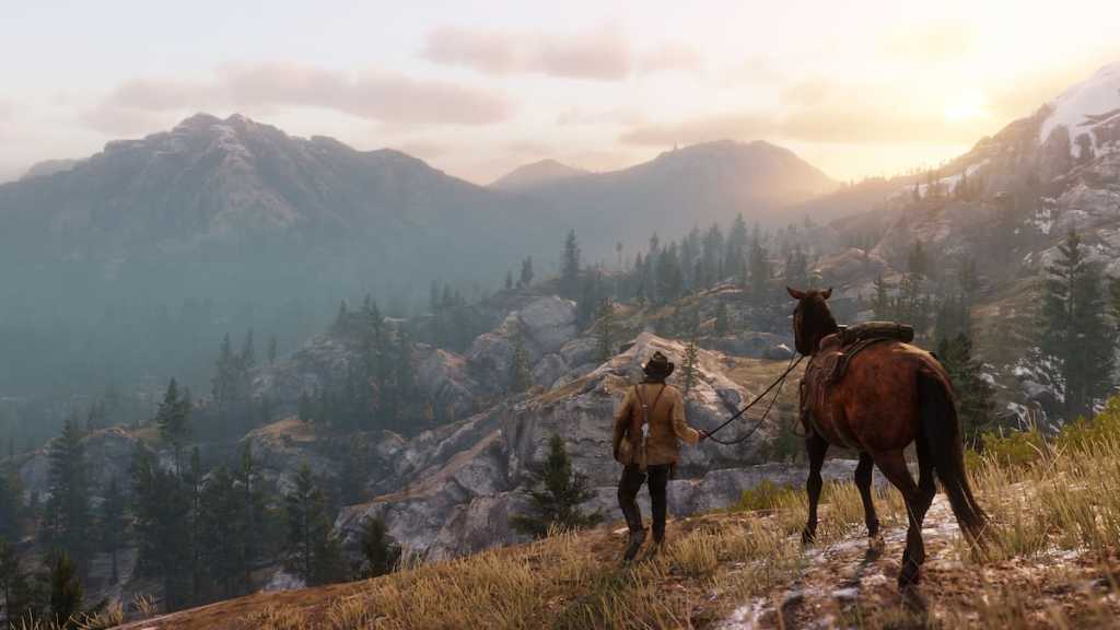 Arthur looking over a mountain's cliffside in Red Dead Redemption 2