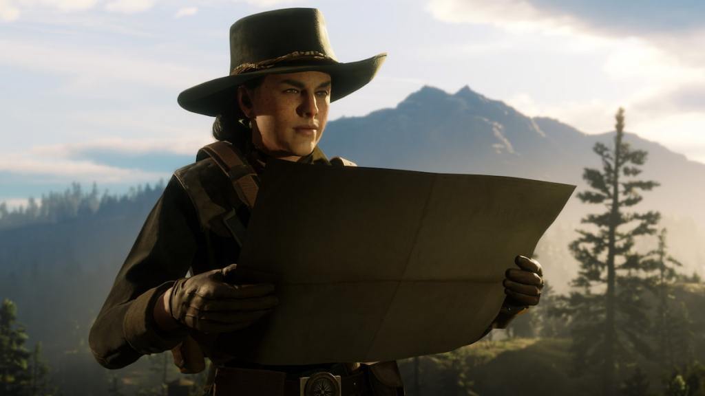 Cowgirl looking at a map in red dead redemption online