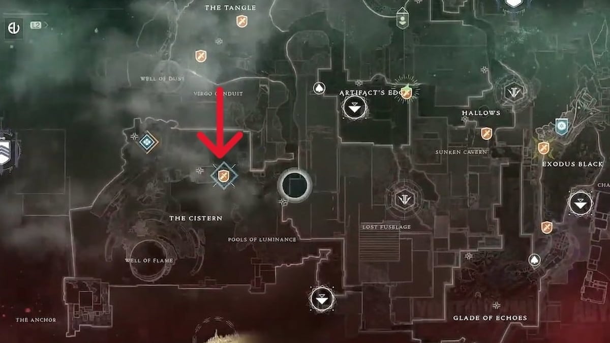 Map of Nessus with a red arrow pointing at the farming location