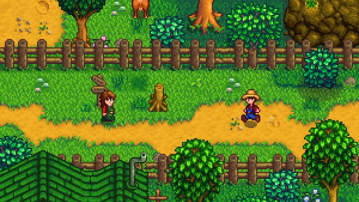 Two characters meeting and emoting in Stardew Valley