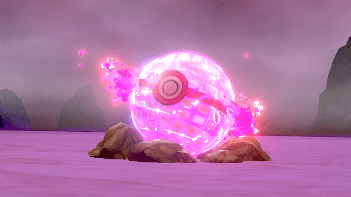 A large Pokéball attempting to capture a Dynamax Pokémon after winning a Max Raid Battle