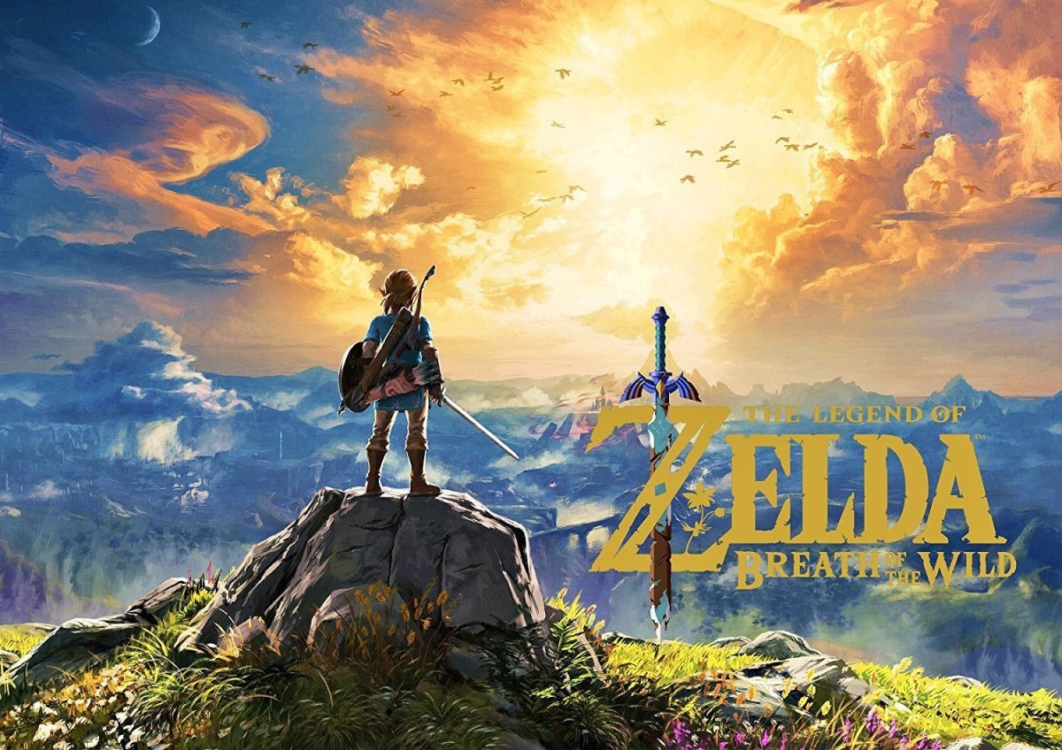Zelda on a mountain overlooking scenery with title