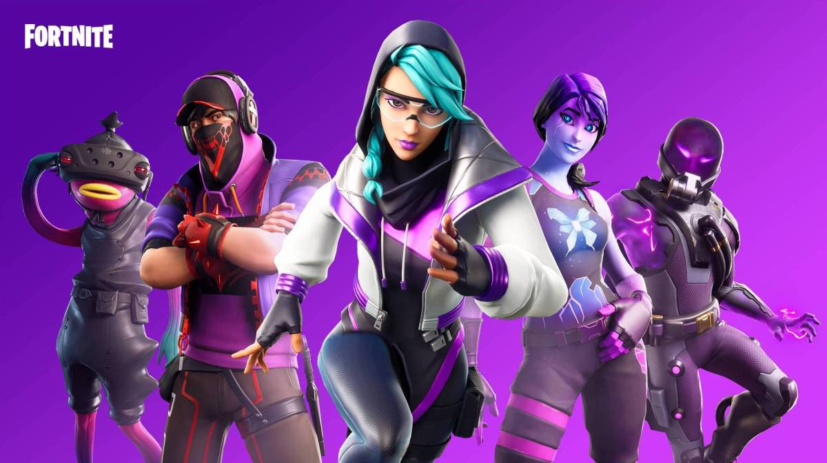 Five Fortnite characters on a purple background with white Fortnite logo in the upper left corner.
