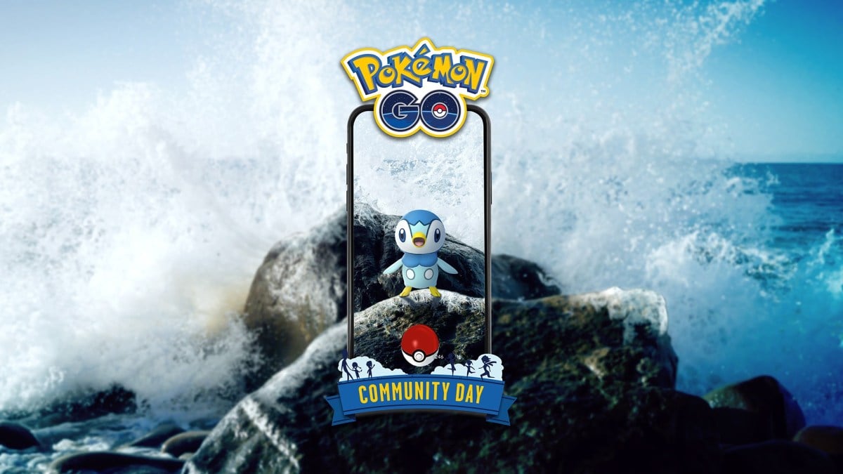 Piplup Pokemon on a phone screen on a background of ocean waves