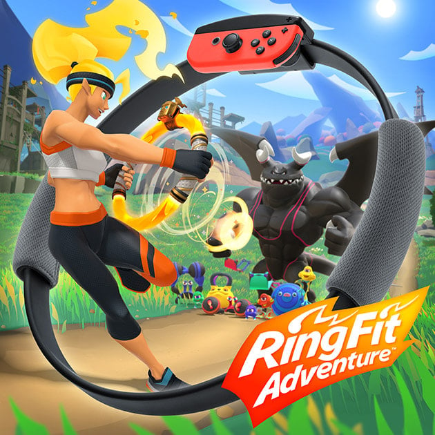 Character with fiery hair surrounded by a ring, using a ring to defeat an enemy with the Ring Fit Adventure logo in the left.