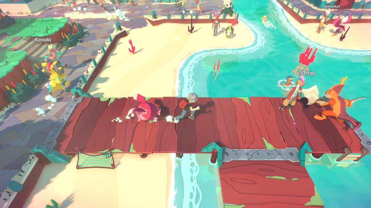 Beach with a dock and a player running across it with a Temtem behind them.