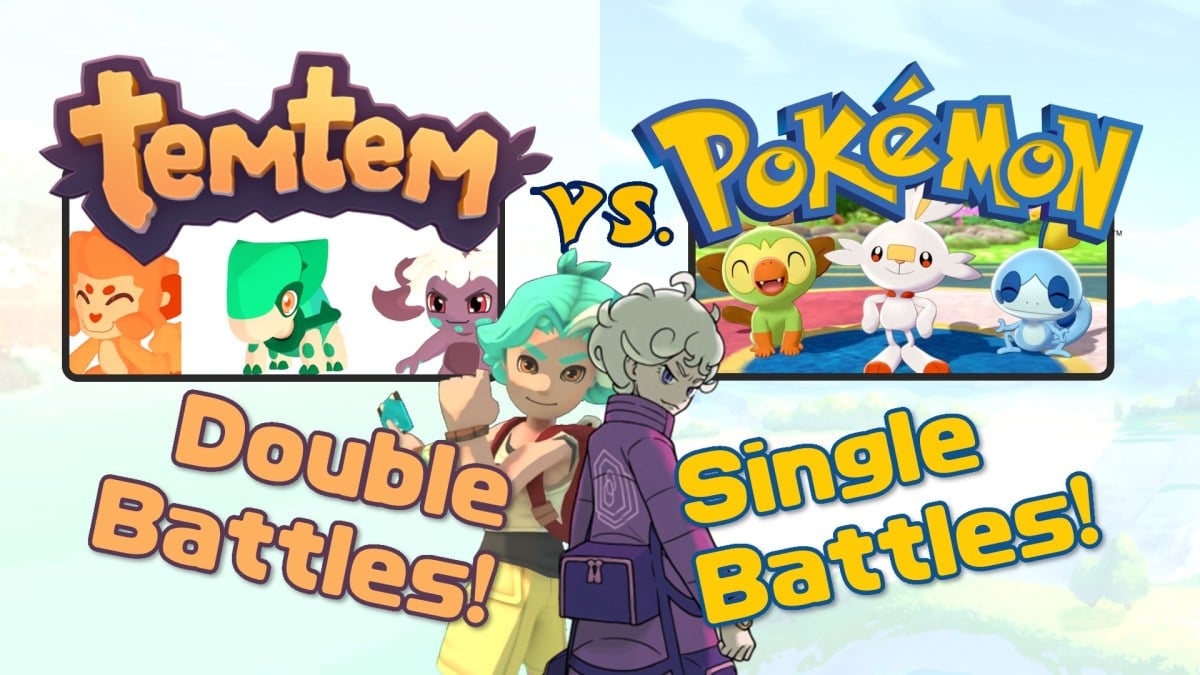 A picture showing the logos, starters and rivals of both Temtem and Pokémon