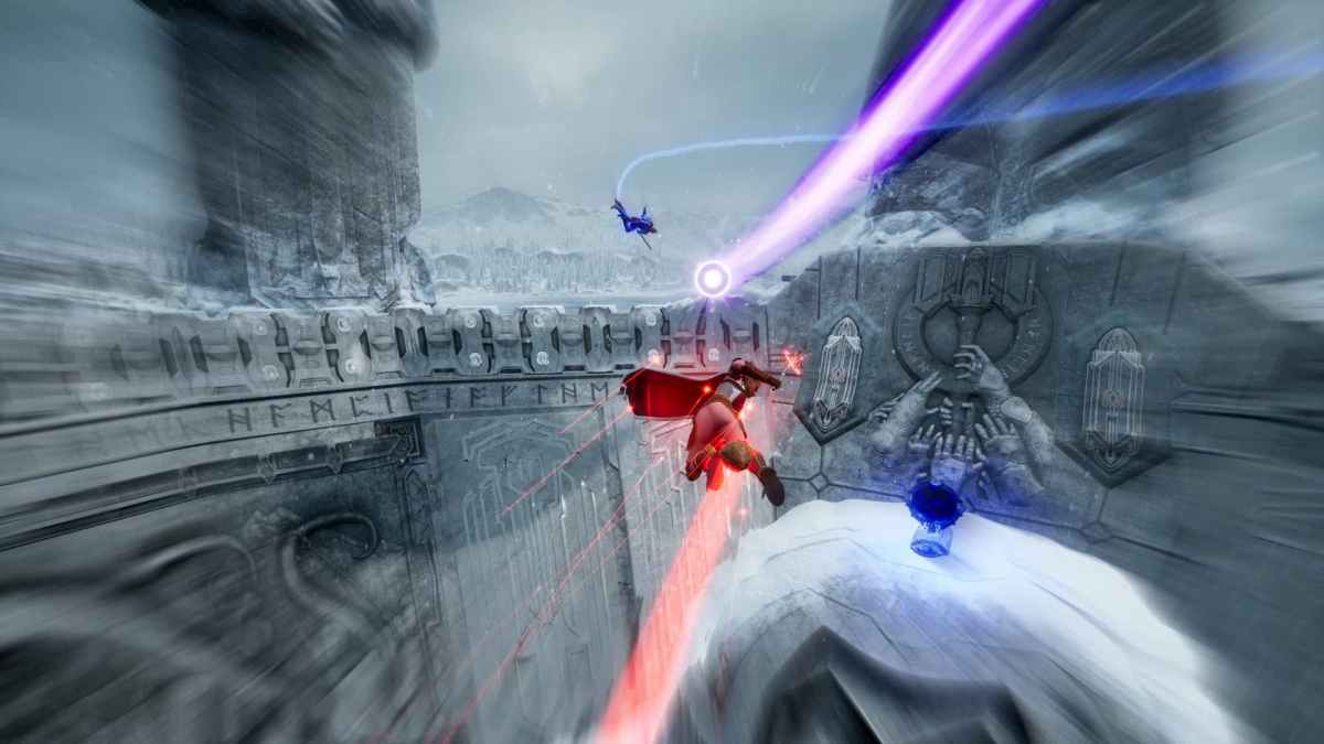 Red and blue characters flying on broomsticks with motion blur around a grey arena.