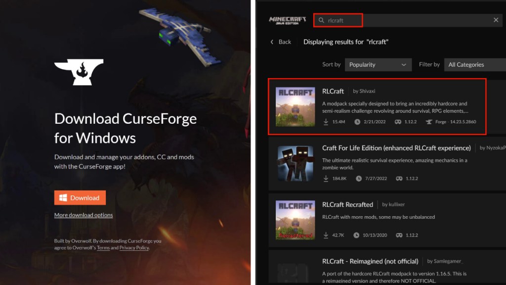 Install CurseForge and RLCraft for Minecraft on PC