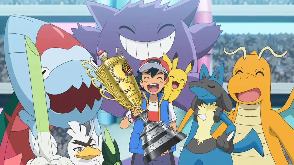 Ash Ketchum and his Pokémon winning the championship