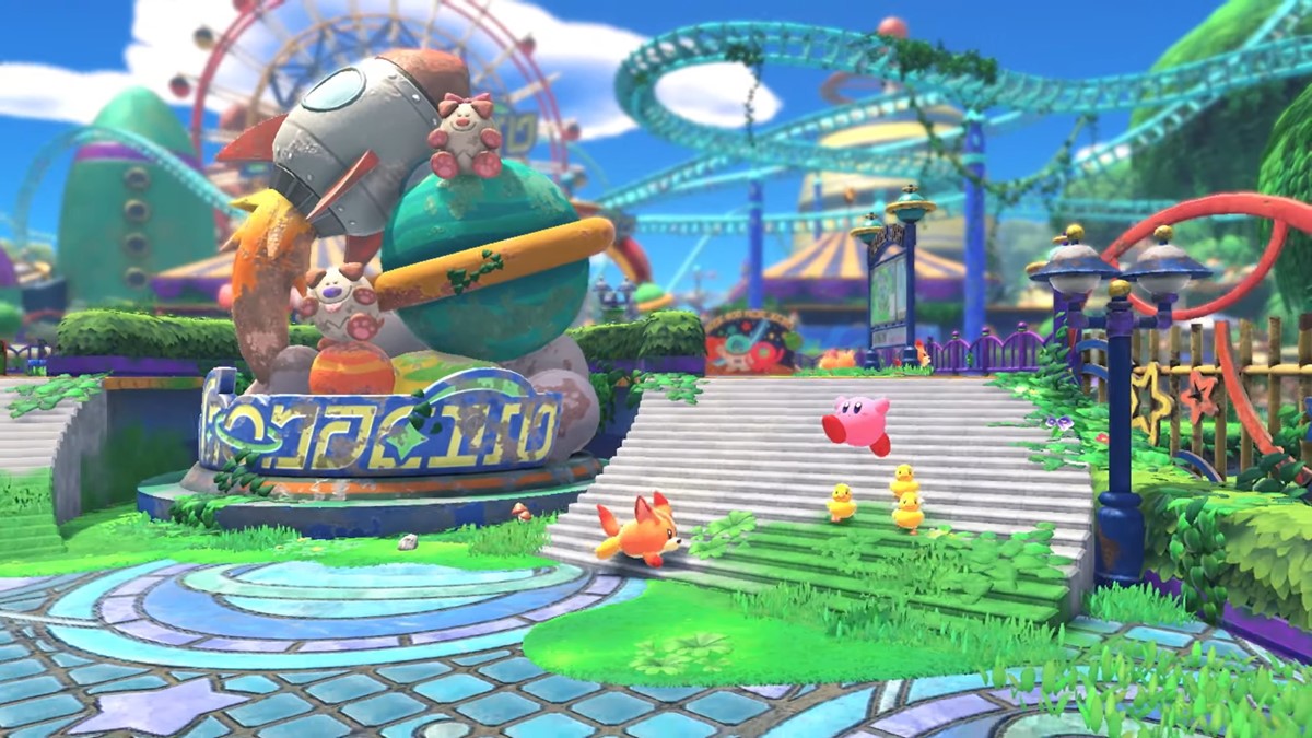 Kirby and the Forgotten Land jumping on stairs