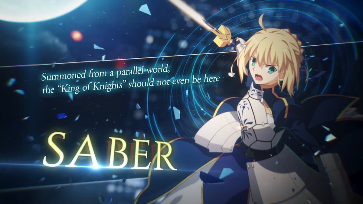 Screen showing Sabre from Fate/ grand order. Text reads "Summoned from a parallel world, the "King of Knights" shouldn't even be here."