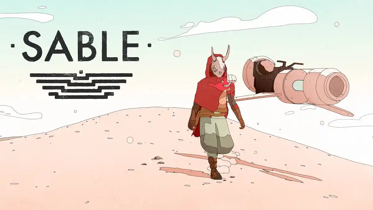 Sable walking on a desert dune with her hoverbike to her right and the logo of the game to her left.