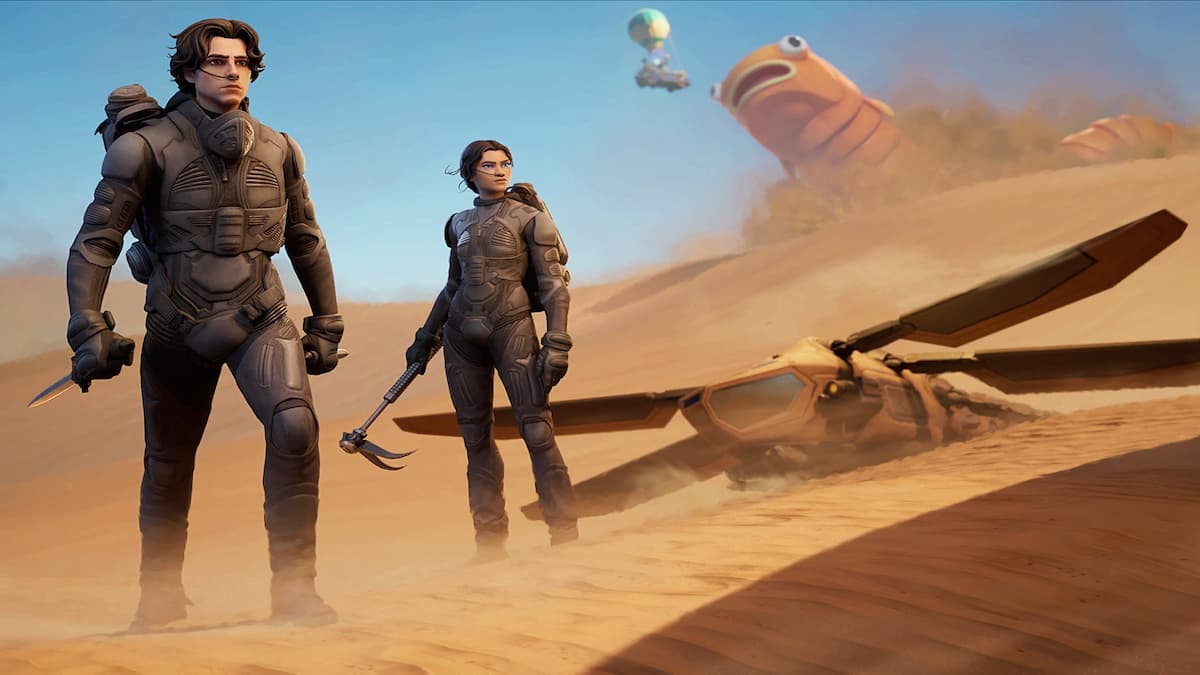 Timothy Chalamet and Zendaya's dune characters stand in a desert with a giant worm and the fortnite bus in the background.