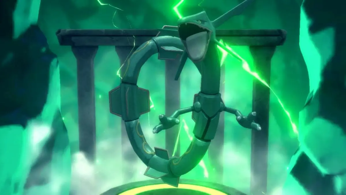 Screenshot of Rayquaza from Pokemon Brilliant Diamond, Shining Pearl