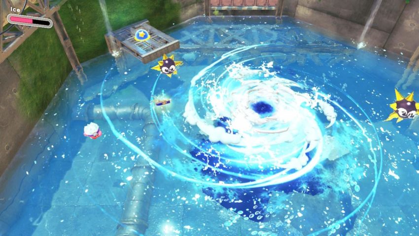 Kirby swims by a whirlpool that has a fish tin near it
