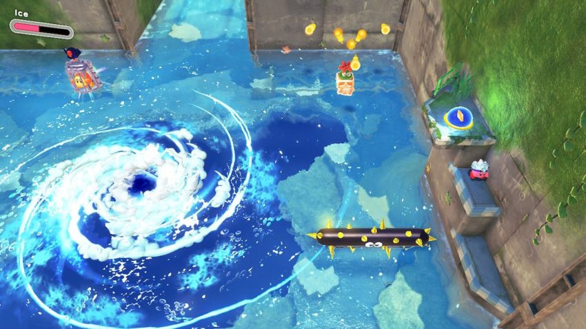 Kirby stands below a switch while a Waddle Dee floats above a whirlpool