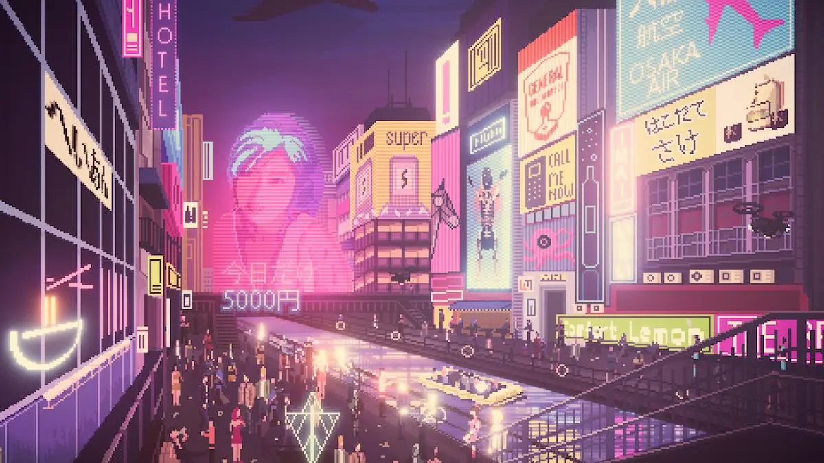 Screenshot of a neon-lit city