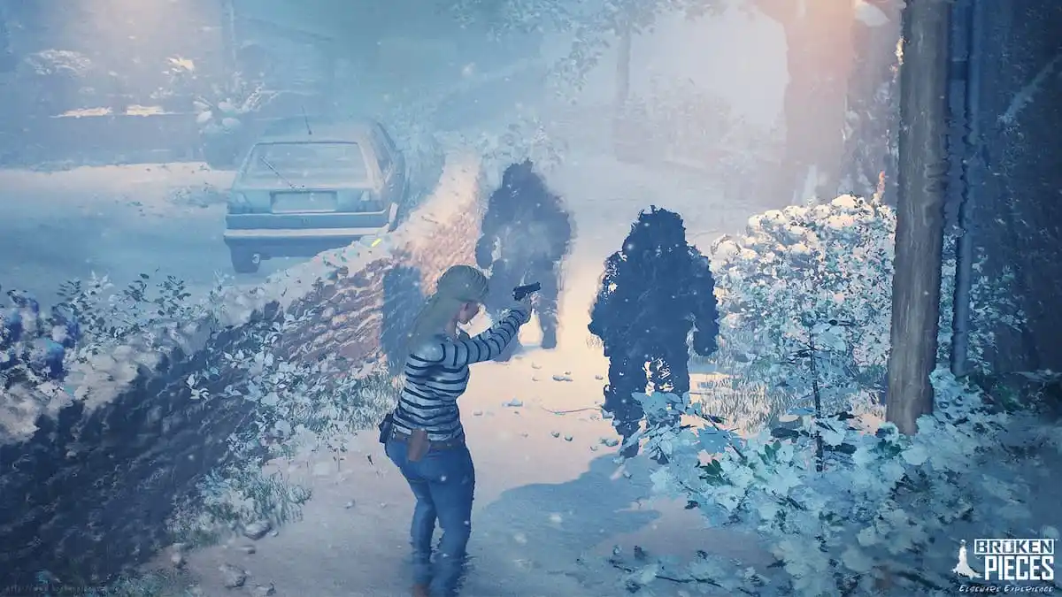 Protagonist Elise aims her gun at two shadowy figures in a snowy village street.