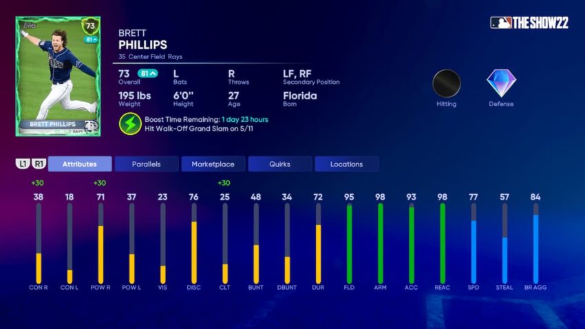 an MLB the show 22 stat line showing that a bronze live series player has been boosted
