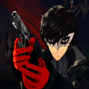 Protagonist in red gloves holding a gun