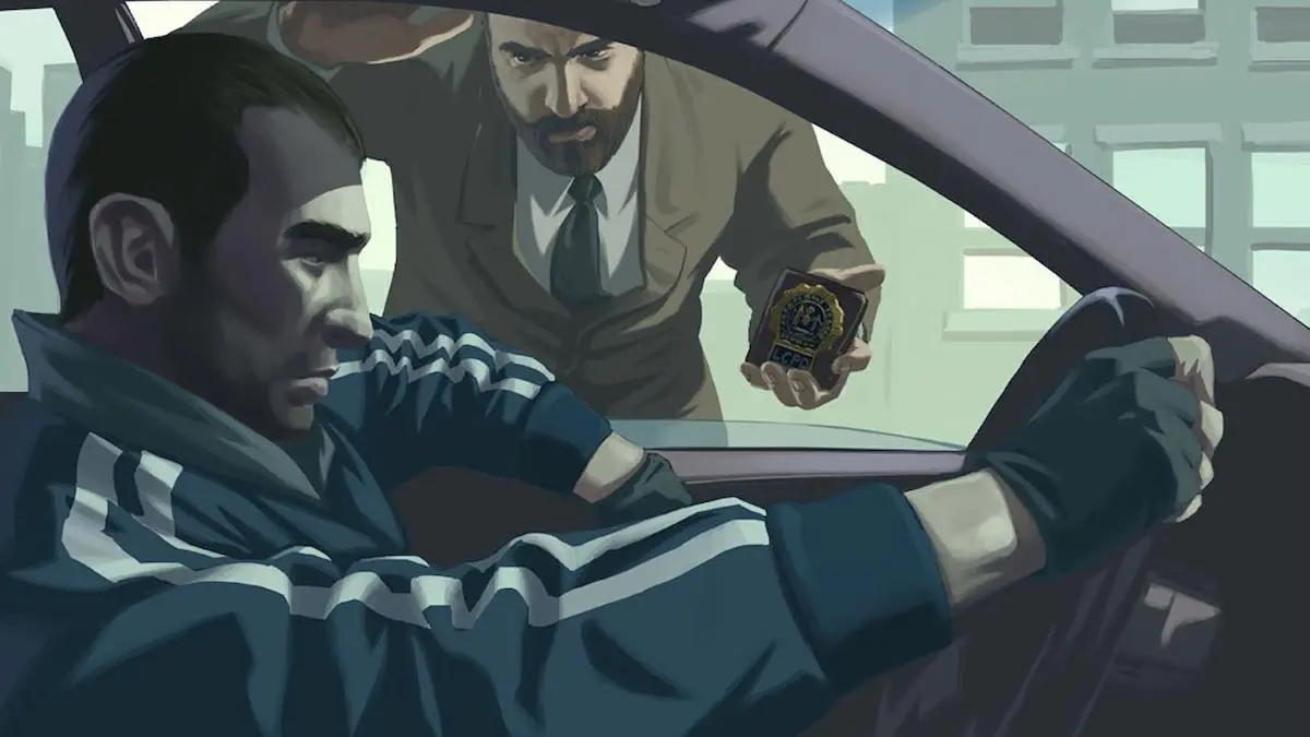 Promo art from GTA4 showing Niko Bellic driving a car