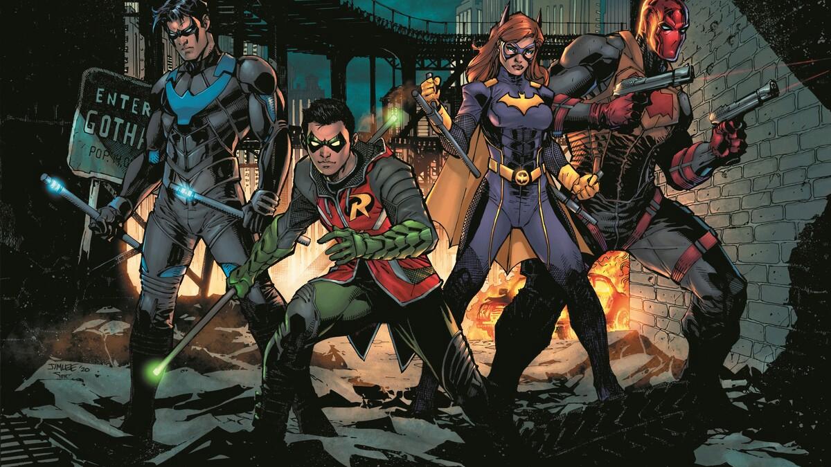 Nightwing, Robin, Batgirl, and Red Hood stand together