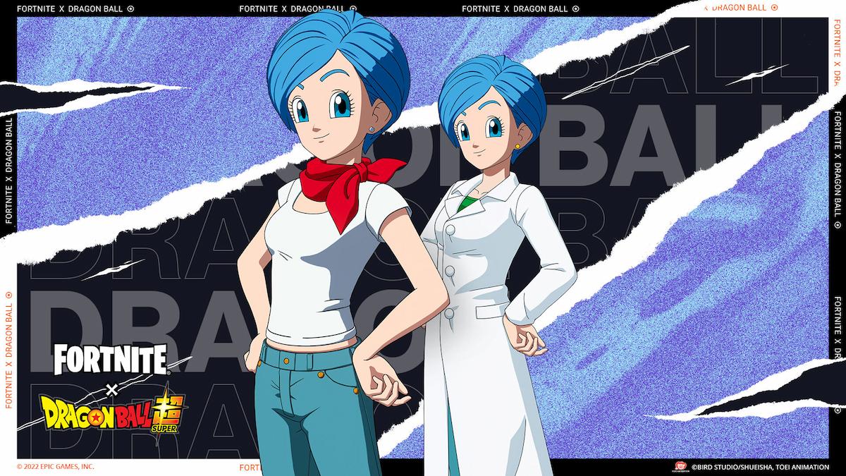 Two versions of Bulma in Fortnite. One is wearing a white shirt, the other is wearing a white labcoat