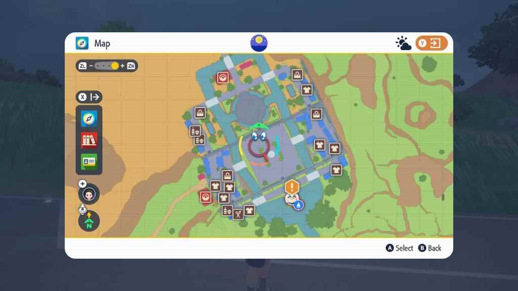 Map of Pokemon Scarlet and Violet showing all clothing store locations in Cascarrafa 