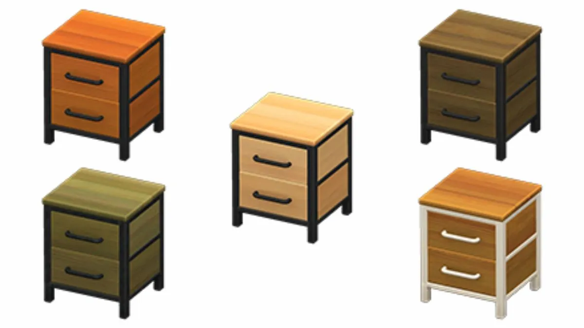 Ironwood dresser in all five of its wood finishes in Animal Crossing: New Horizons
