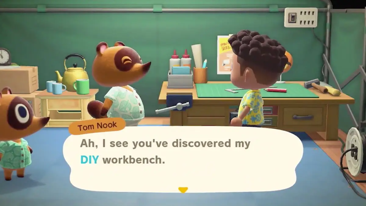 Tom Nook shows you the DIY workbench in Animal Crossing: New Horizons