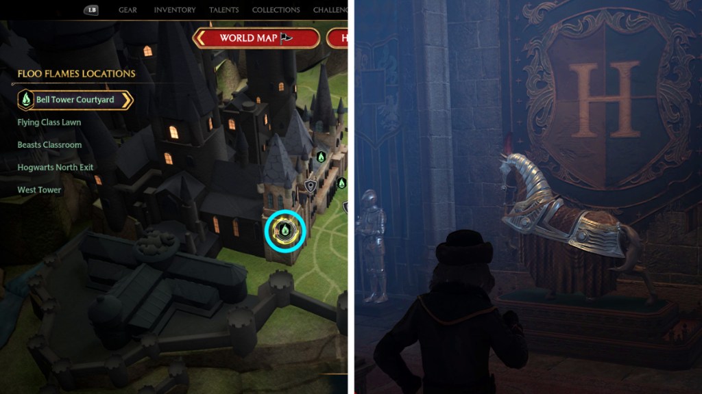 Bello Tower Courtyard Map Location and Horse Armor POI before Finding the Sleeping Dragon Statue in Hogwarts Legacy