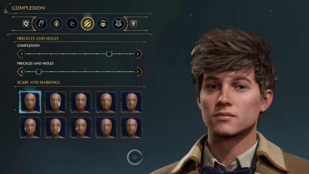 Choices for Complexion in Character Creator for Newt Scamander in Hogwarts Legacy