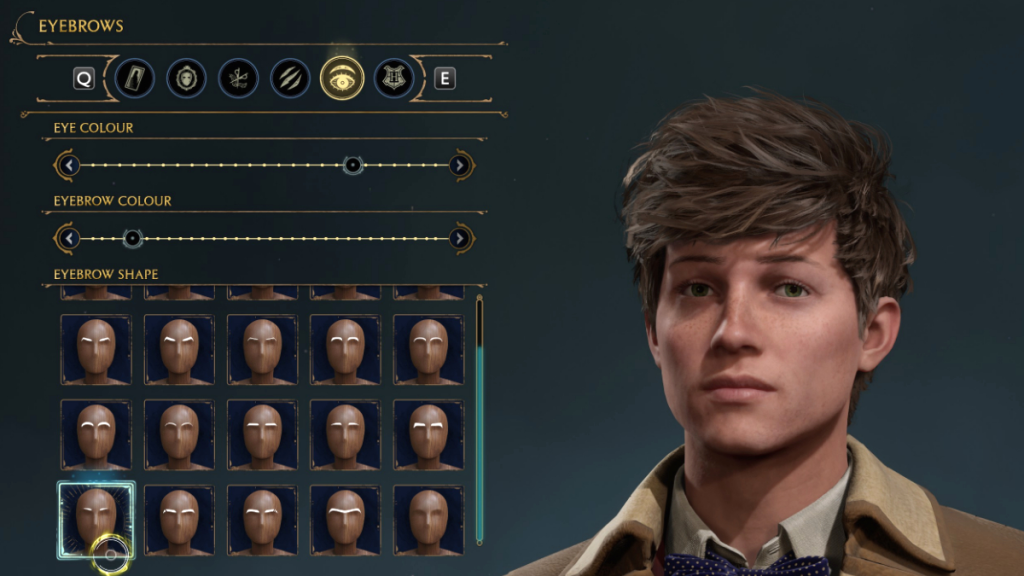 Choices for Eyebrows in Character Creator for Newt Scamander in Hogwarts Legacy