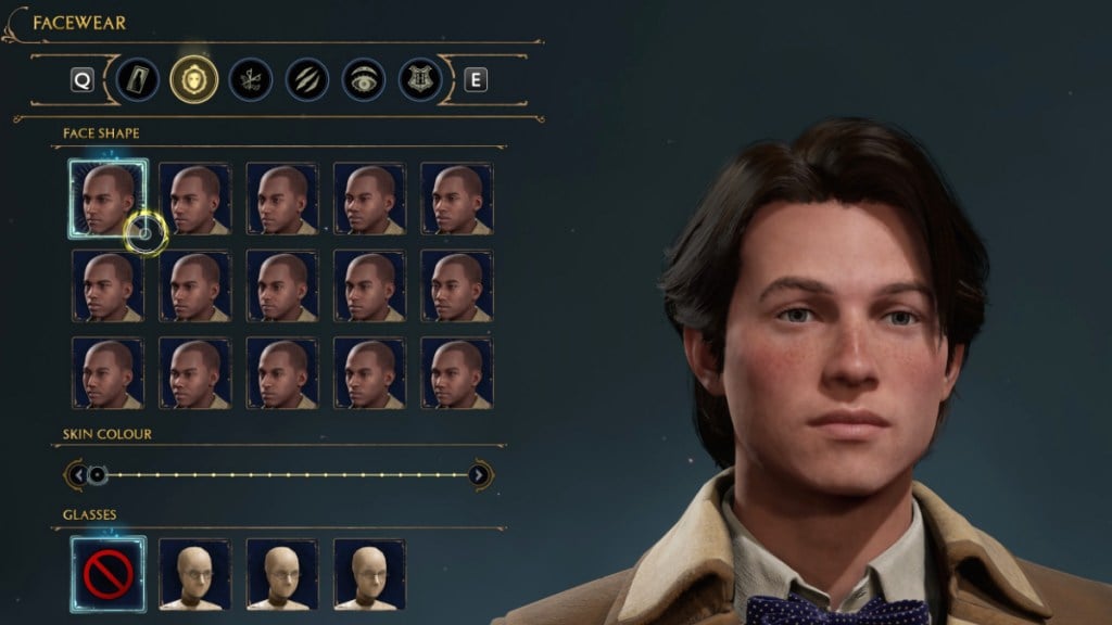 Choices for Facewear in Character Creator for Newt Scamander in Hogwarts Legacy