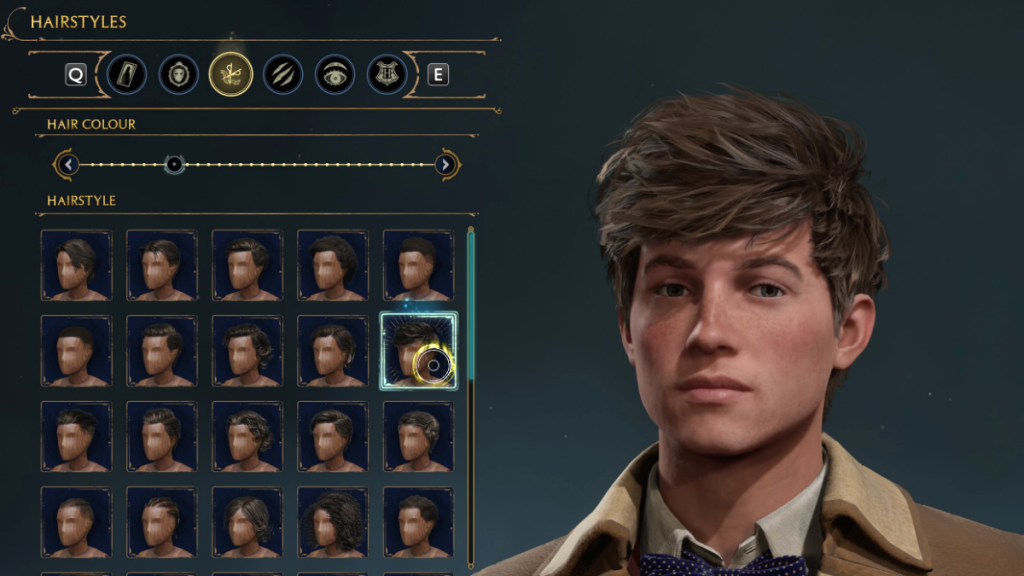 Choices for Hairstyles in Character Creator for Newt Scamander in Hogwarts Legacy