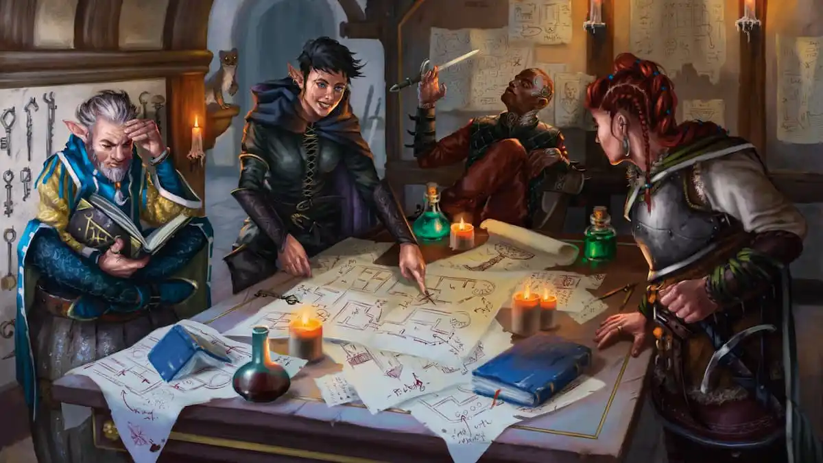 Dungeons & Dragons adventurers looking at map in key art for Keys from the Golden Vault
