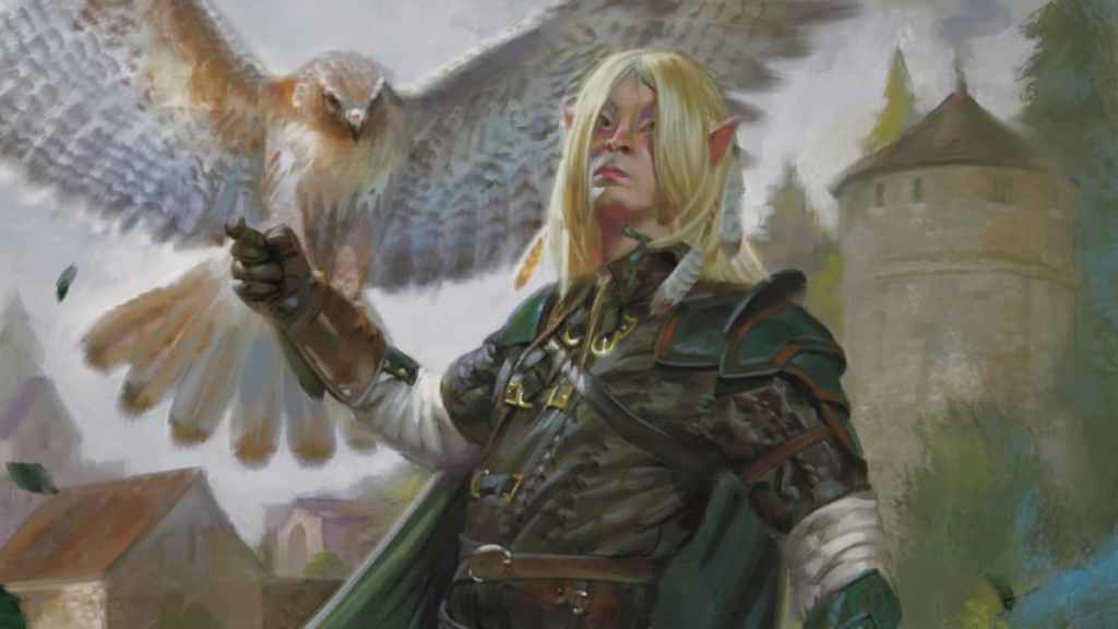 A Dungeons & Dragons elf hero with bird companion