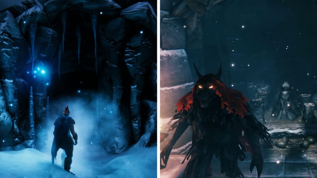 Frost Cave Entrance and a Cultist in Valheim