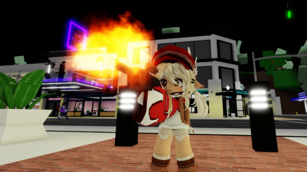 Holding an assault rifle in Roblox Brookhaven