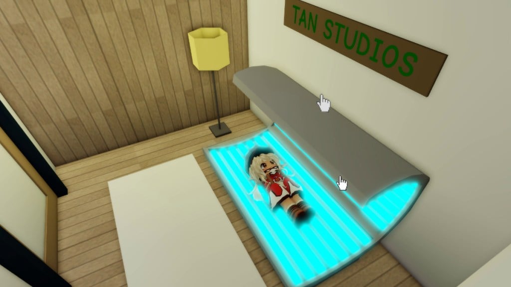 Lying in the Tanning Machine inside the tanning salon in Roblox Brookhaven