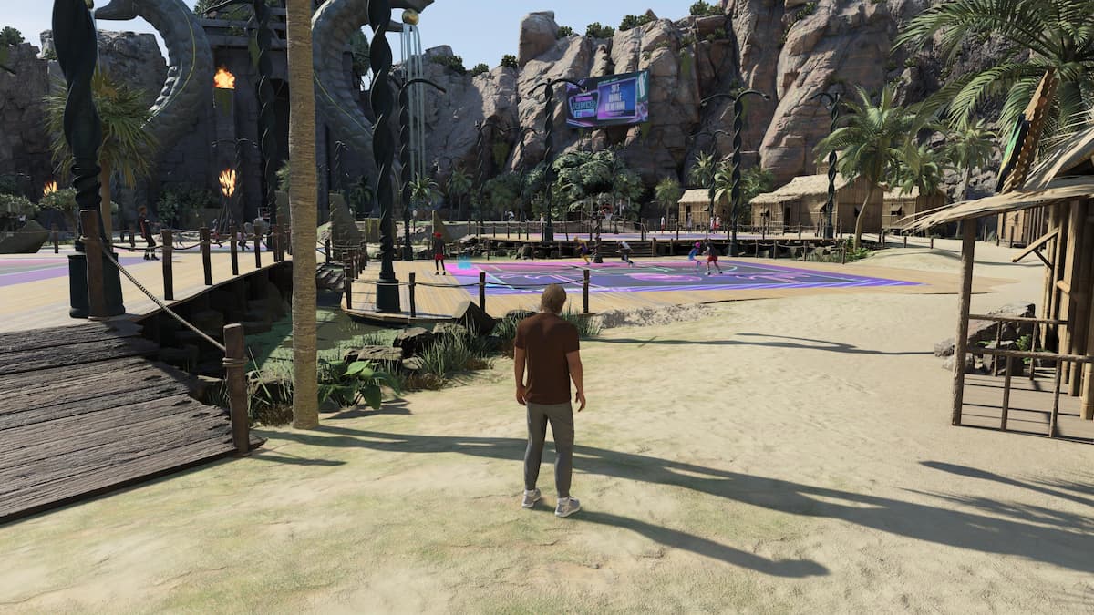 An image of a player character in a brown shirt standing on a beach watching others play basketball