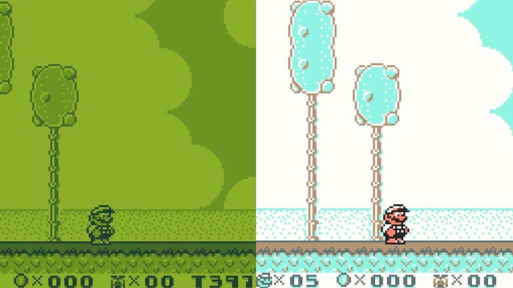 Super Mario Land 2 as seen through the regular Game Boy and Game Boy Color filters on Nintendo Swtich Online