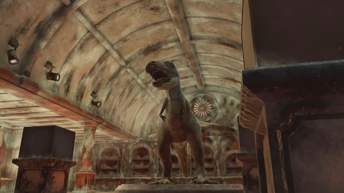 The T-Rex in Lara Croft's vault in PowerWash Simulator