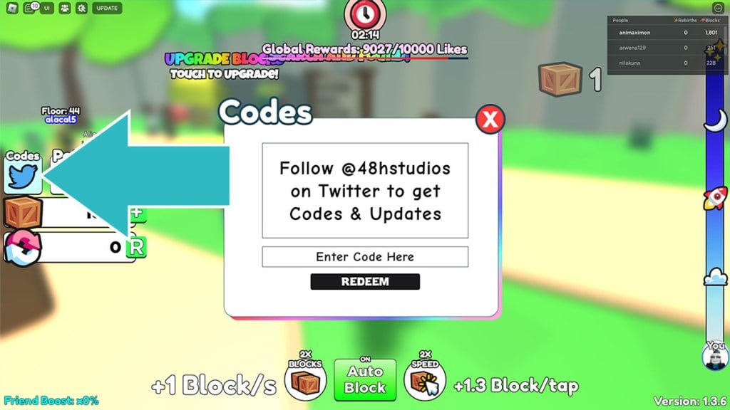 Roblox +1 Block Every Second codes