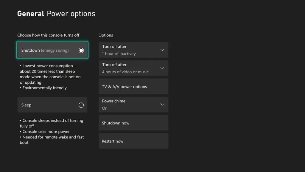 Xbox Series X/S power saving options menu
