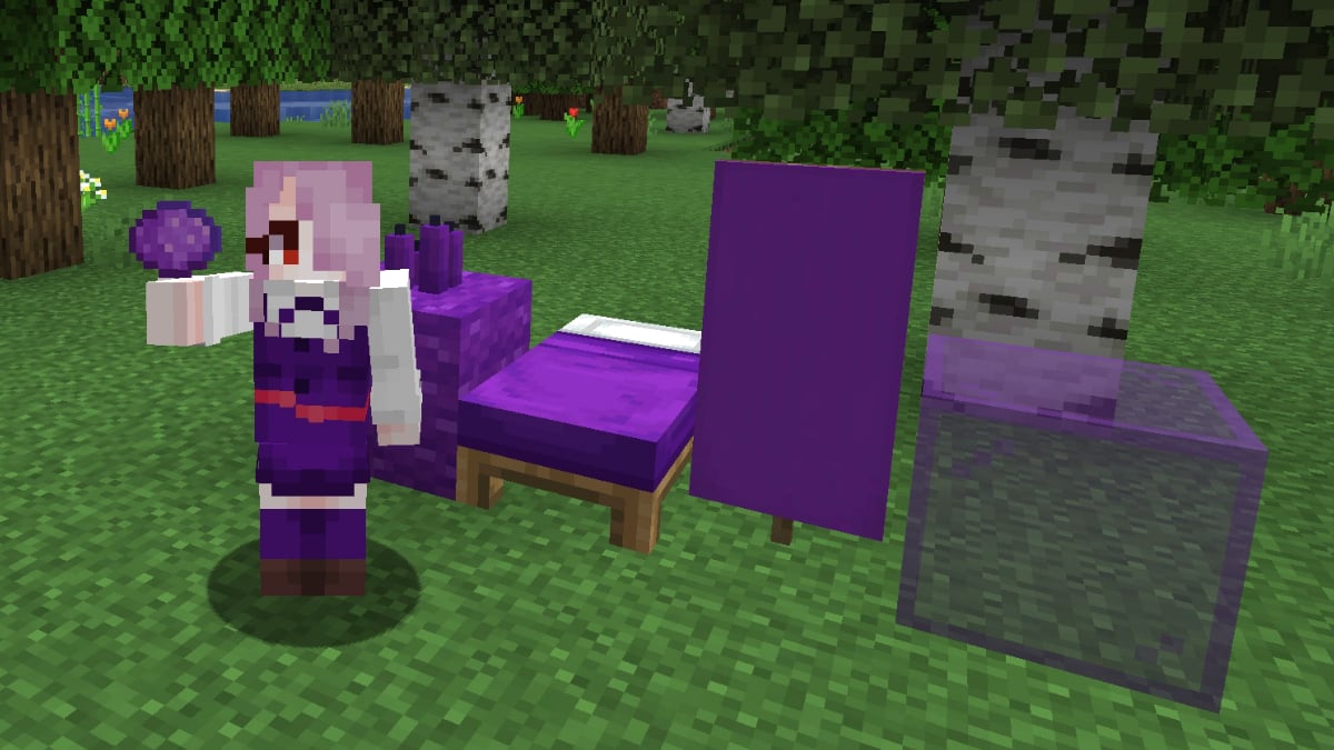 Holding purple dye in Minecraft and Standing next to Purple Dye Objects and Blocks